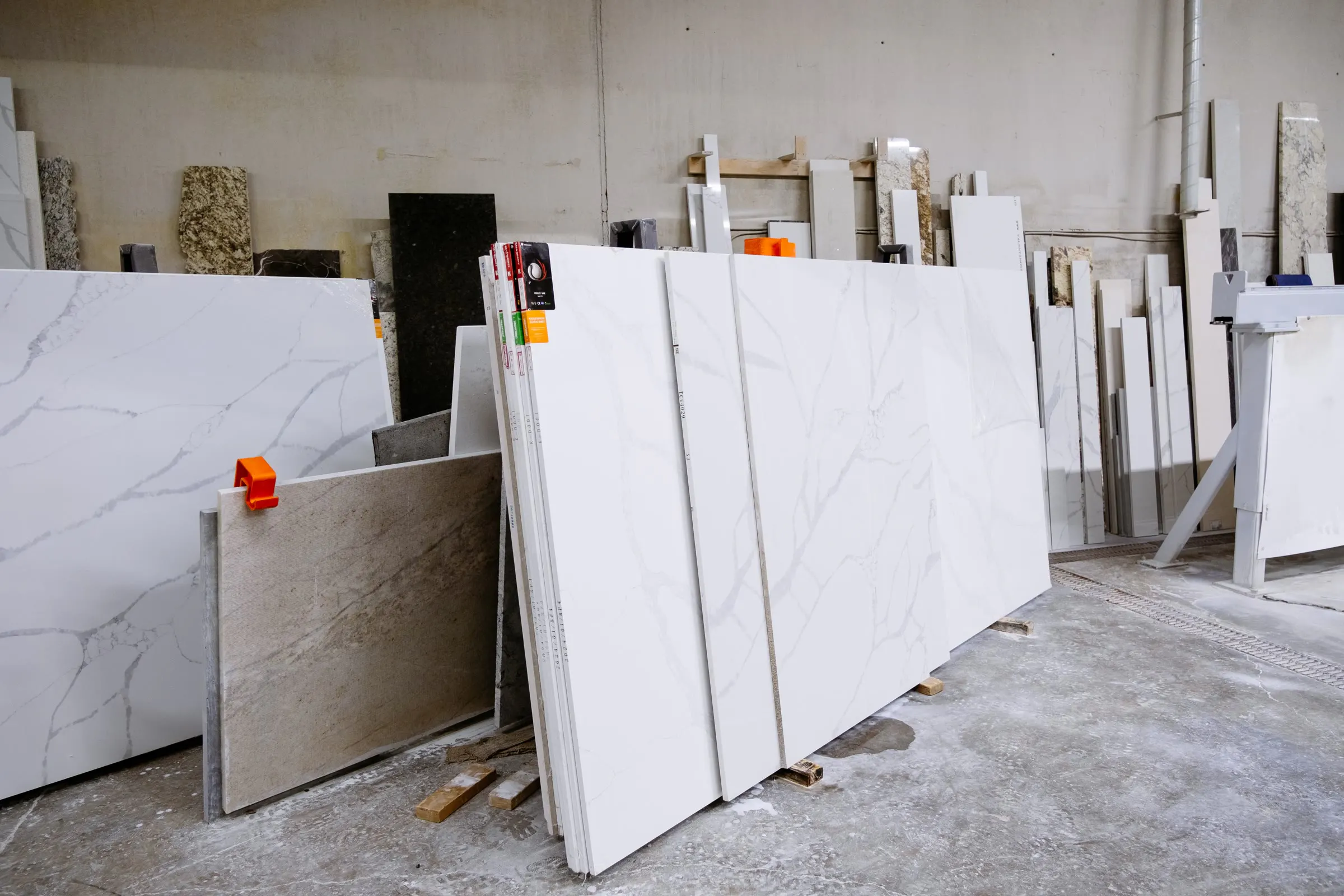 Our marble facility — rows of finished slabs