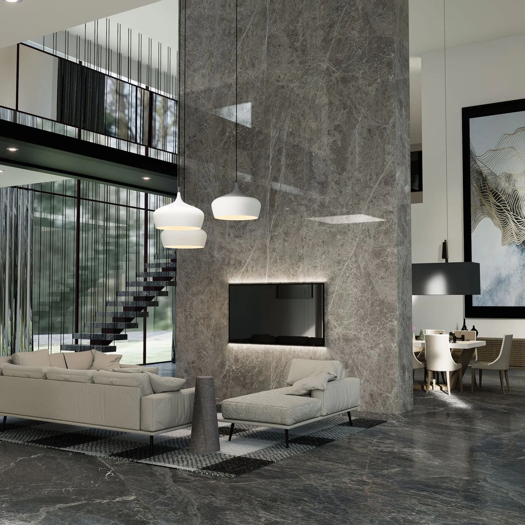 Double-height living room clad in grey marble